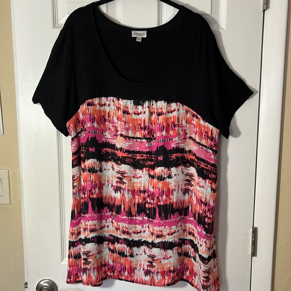 Avenue woman’s pullover tunic top double layer black mesh over lay pink sz 16